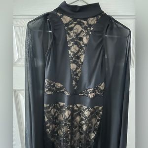 Kelle dance costume black lace sequin with built in sheer cape adult small